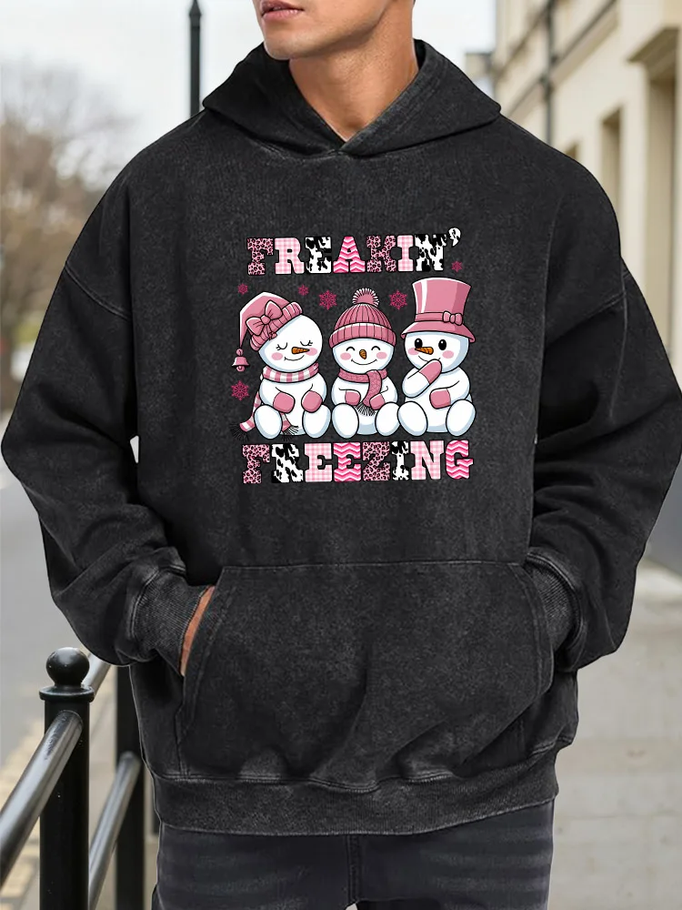 

Мужская винтажная потертая толстовка с рисунком розового снеговика, потертый пуловер в стиле ретро, уличная повседневная толстовка