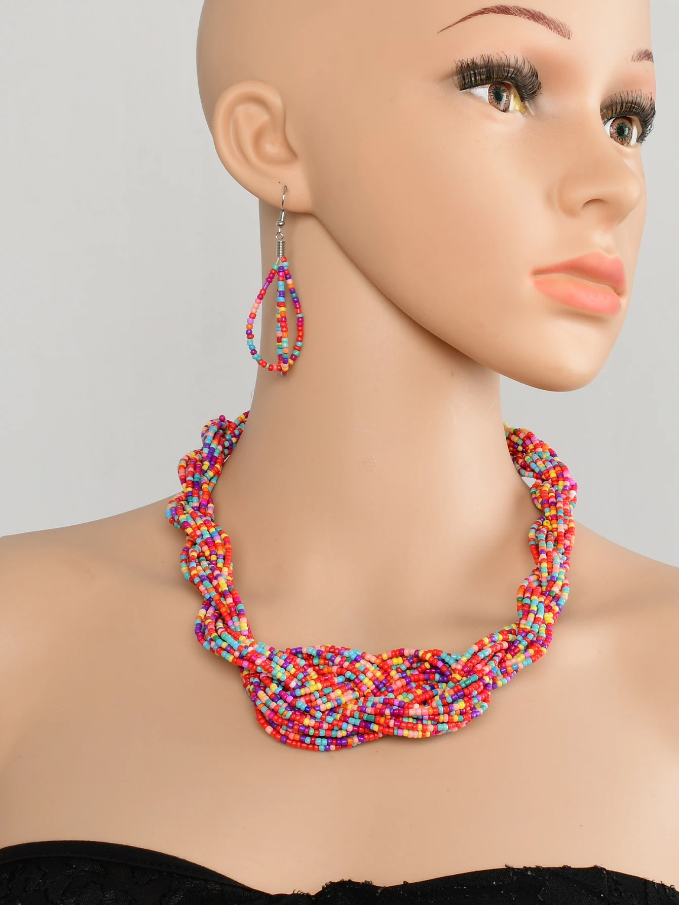 3-piece set of European and American fashion colorful multi-layer rice bead handmade woven necklace earrings set Bohemian style