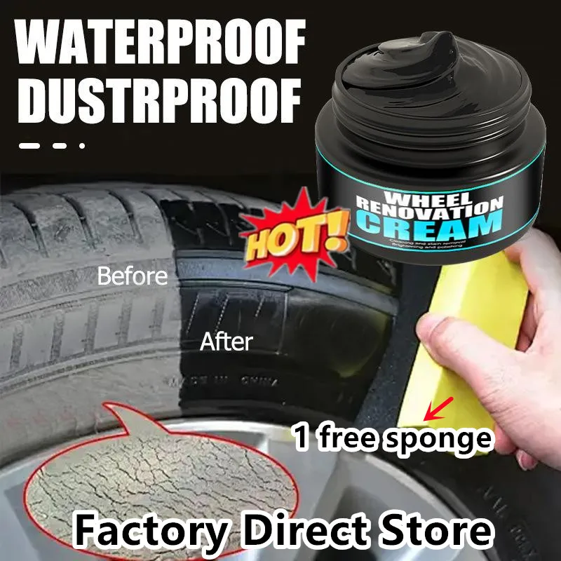 50g Black Car Tire Gloss Wax Restore Tire Black Long-lasting Coverage Prevent Cracking Repair Cream Safe Ingredient With Sponge
