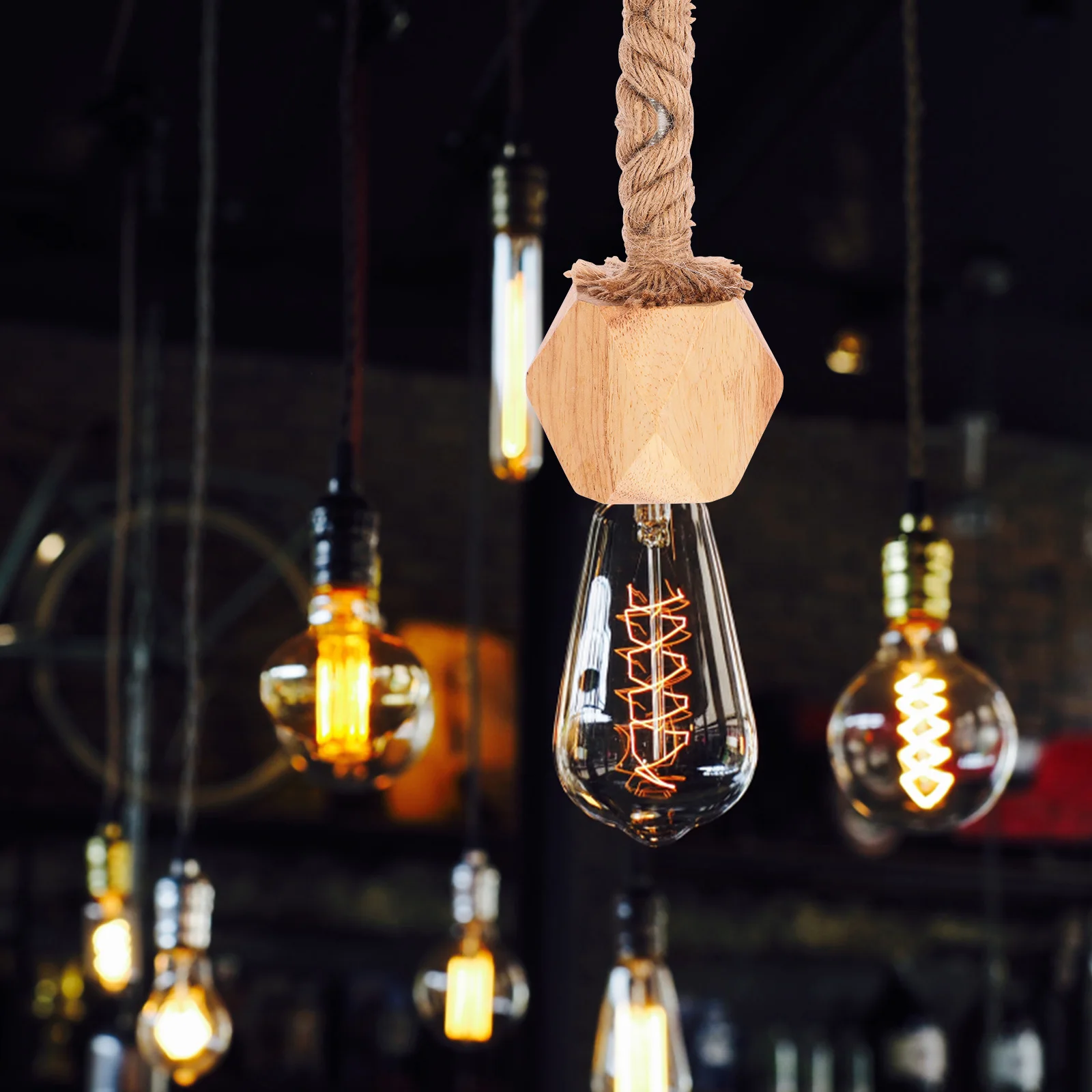 

Wooden Chandeliers Lamp Socket Light Cord Bulb Holder Trapezoidal Hanging Pendant Lighting AccessoryVintage Hemp Rope Wooden Art