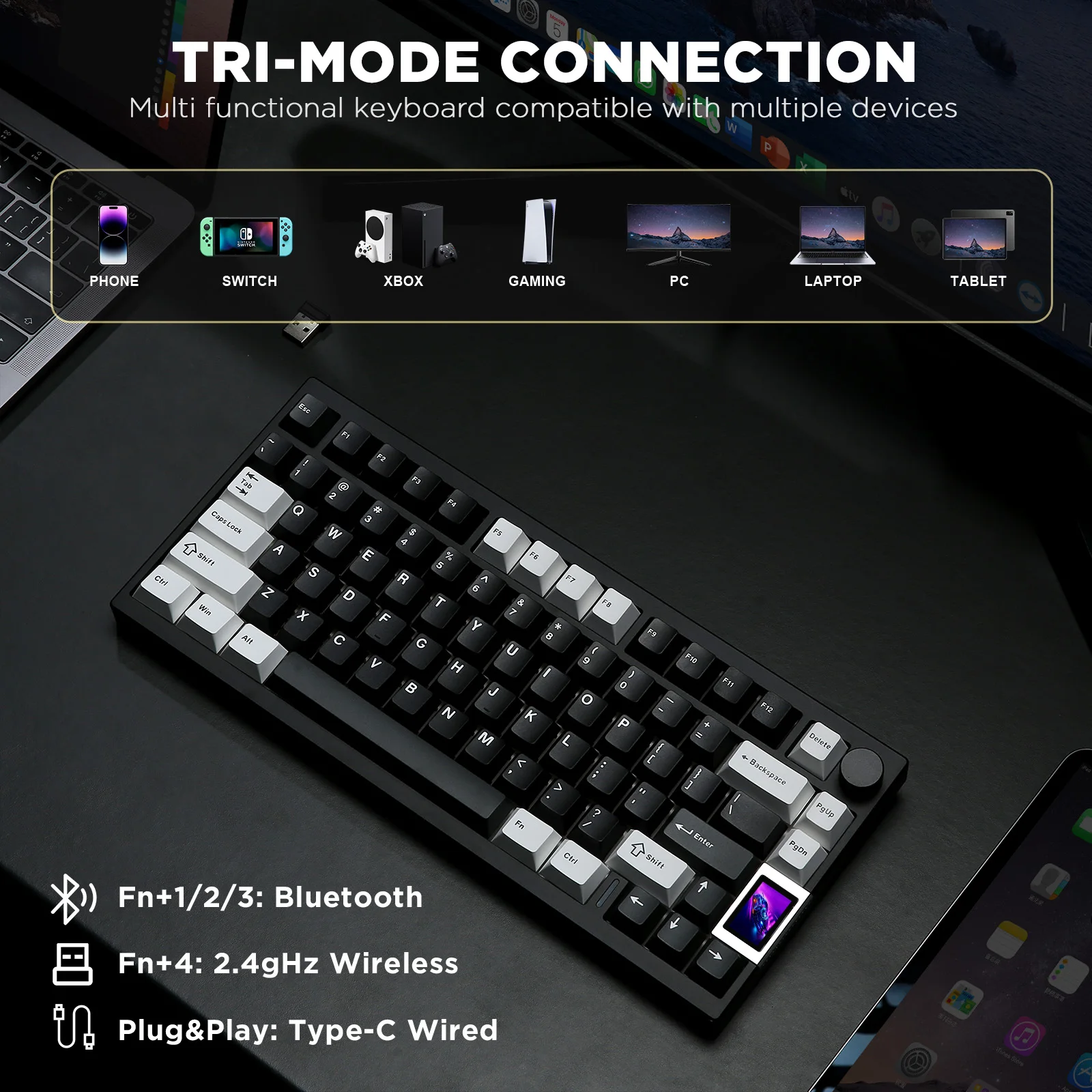 YUNZII AL80 Black Mechanical Keyboard, Hot Swap Wireless QMK/VIA Aluminum Gaming Keyboard with Smart LCD Display&Functional Knob