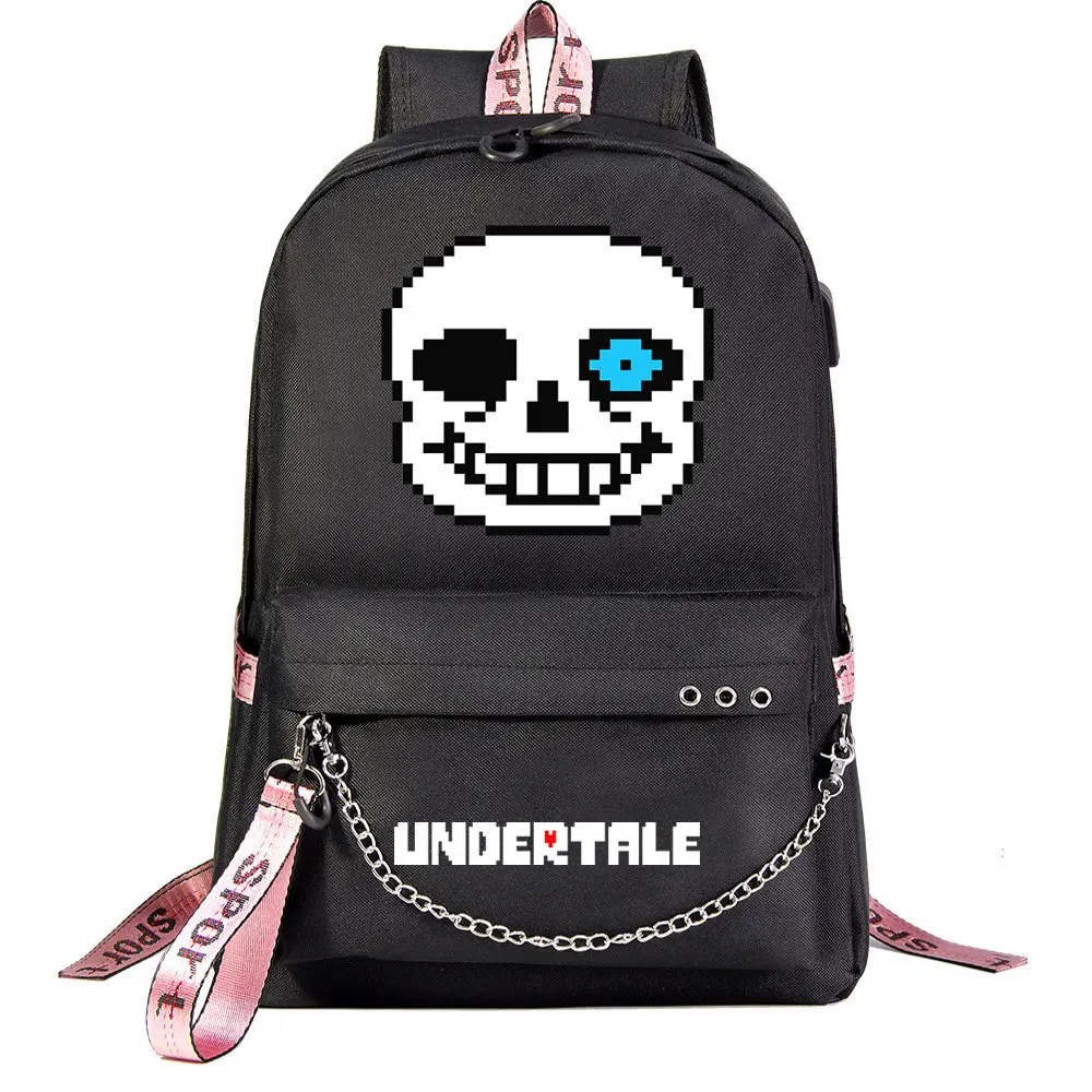 Undertale Skull Anime USB Port Backpack School Student Book Bags Mochila Travel Laptop Chain Headphone