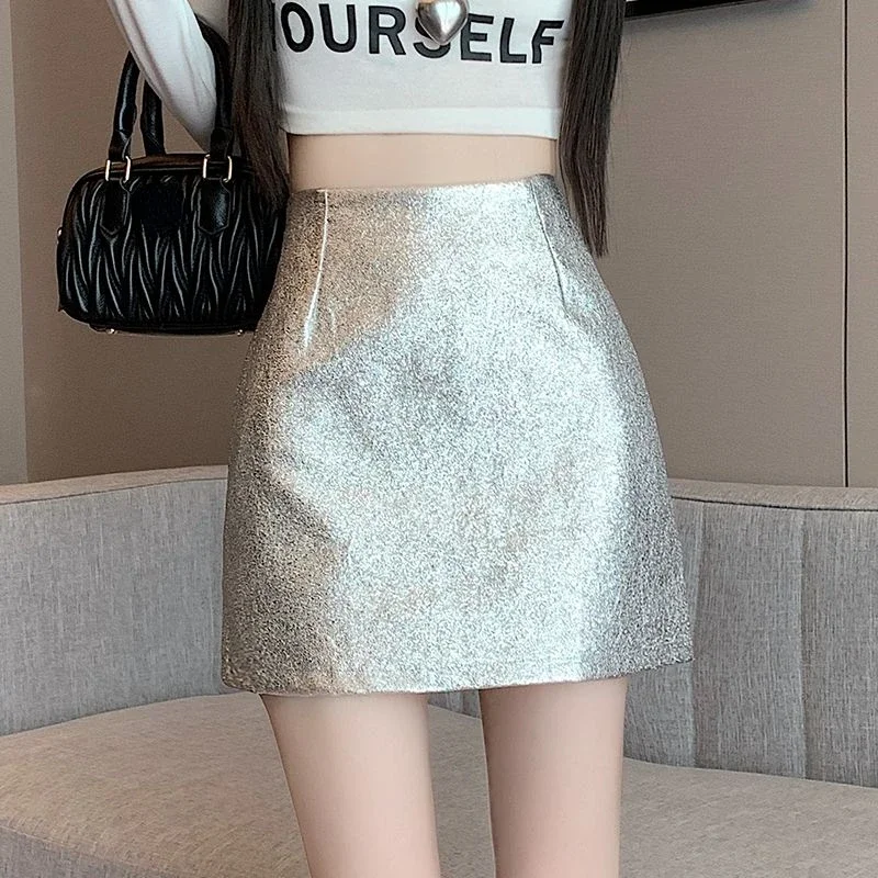 

Bling Bling Golden Silver PU A-line Mini Skirts Zipper High Waisted Metallic Leather Short Skirts