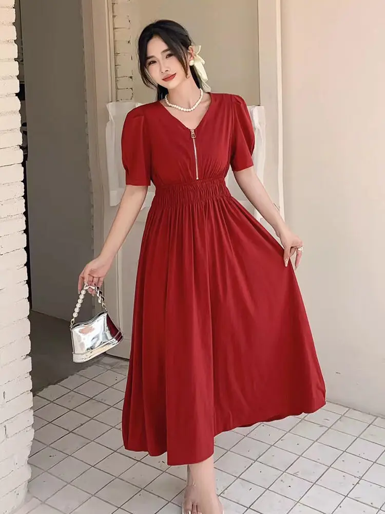 

2025 летнее модное новое женское платье, пригородная юбка трапециевидной формы с высокой талией и v-образным вырезом