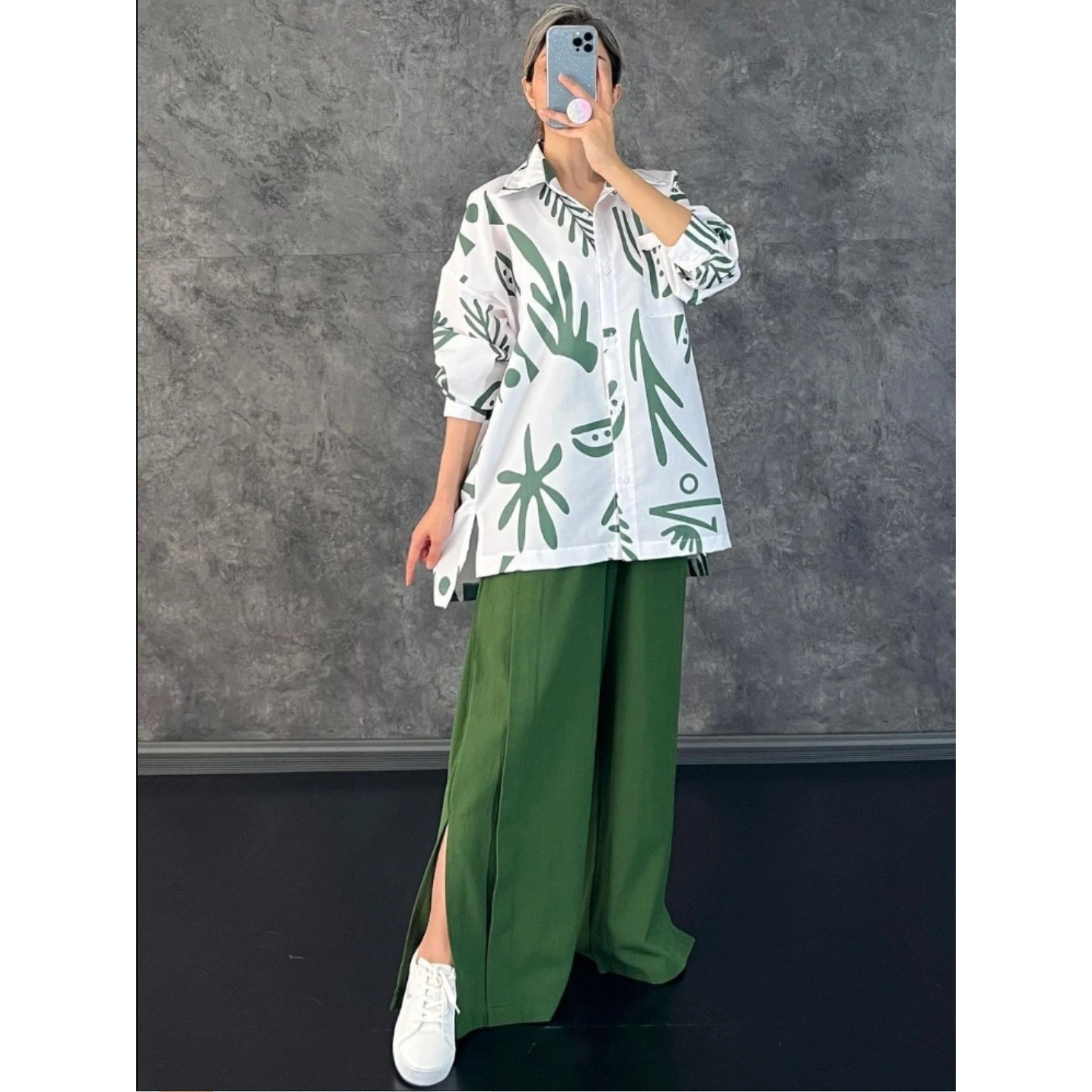 Summer Casual Floral Print Shirt High Waist Slit Wide Leg Pants Set Women's Cross-Border Clothing Polyester Fabric Versatile