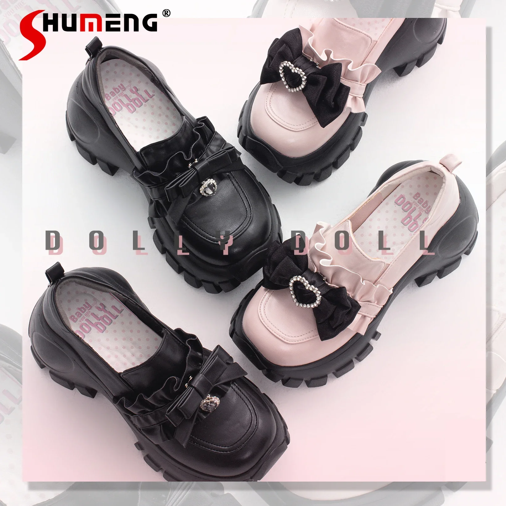 Original Lolita JK Uniform Shoes Muffin High Heel Women's Love Heart Rhinestone Bowknot Detachable Shoes Chaussures Strass Femme