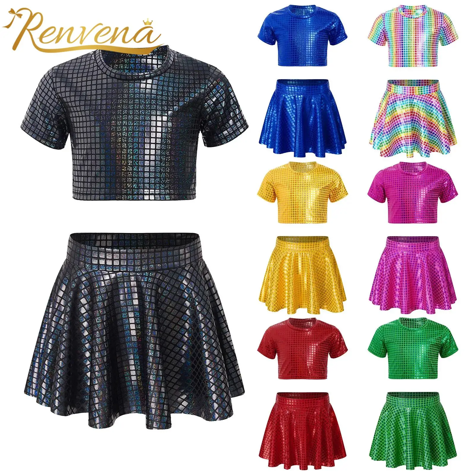 

Kids Girls Cheerleading Outfits Jazz Dance Costume Metallic Dancewear Short Sleeve T-shirt with Plaid Sequins Ruffled Skirt Sets