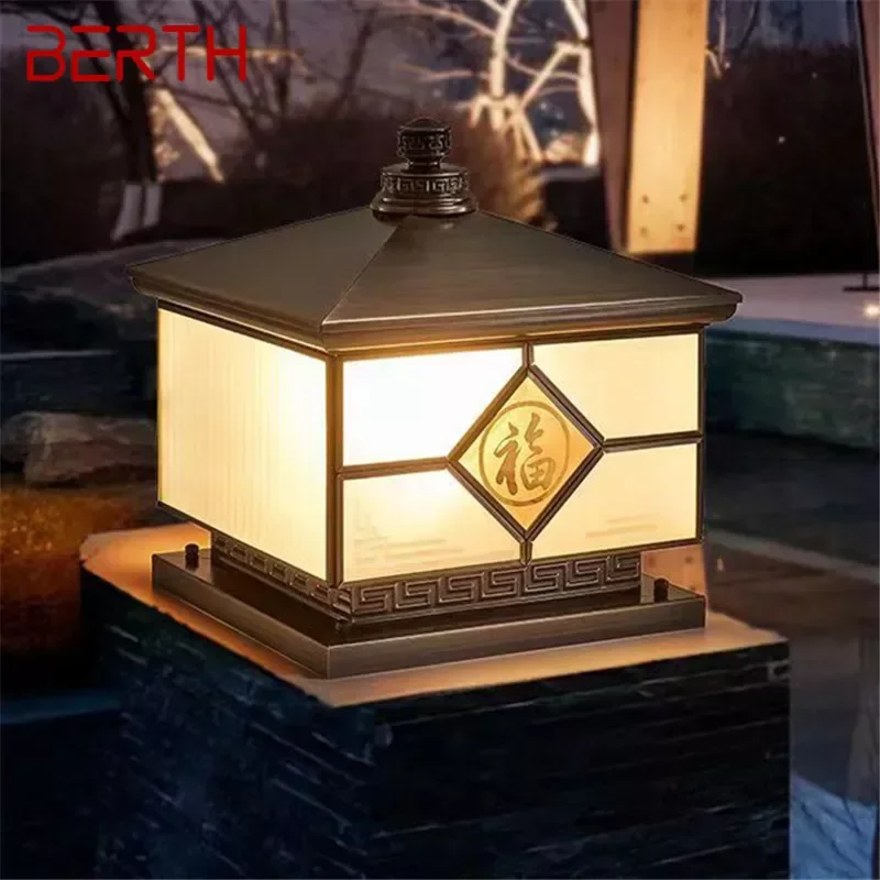 

BERTH Outdoor Solar Post Lamp Vintage Creative Chinese Brass Pillar Light LED Waterproof IP65 for Home Villa Courtyard