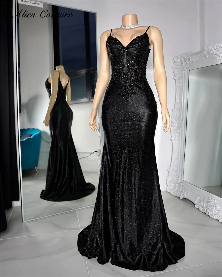 

Glitter Black Formal Prom Dresses Lace Appliques Beads Evening Gowns Birthday Gala Party Wedding Reception Customized