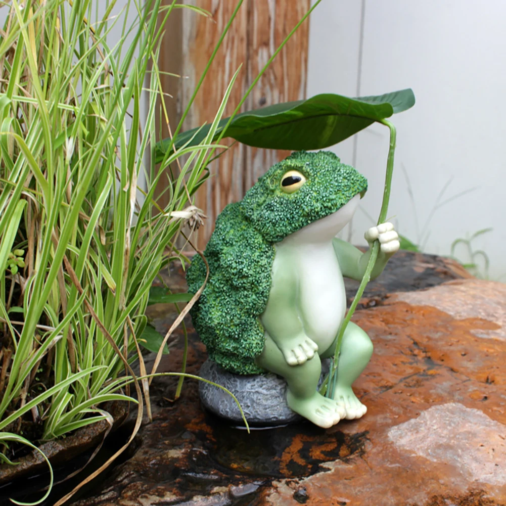 Outdoor Garden Broccoli Frog Statue Resin Frog Holding Lotus Leaf Sitting On Rock Sculpture Ornament For Patio Yard Decor