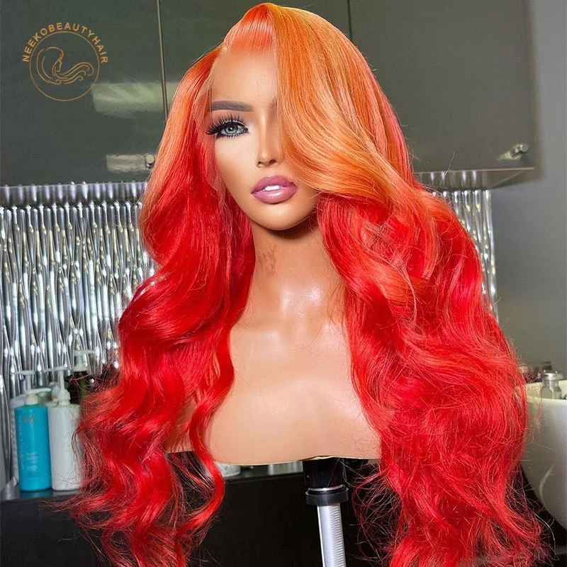 Transparent Lace Frontal Wigs Ombre Orange Red Wavy 13X4 Lace Front Wig 180% Density 2 Tones Colored Human Hair Wigs Body Wave