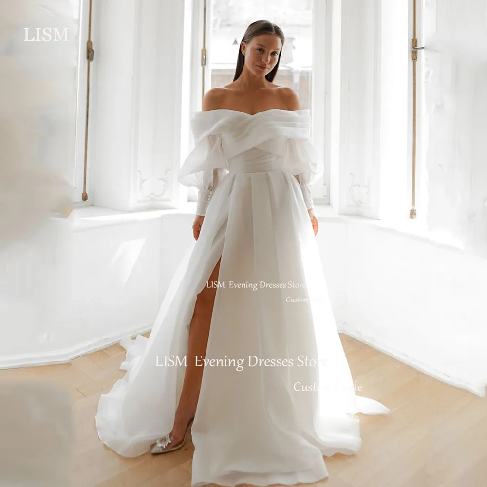 

LISM Off Shoulder A Line Boho Wedding Dresses 2025 Organza Long Puff Sleeve Custom Made High Side Split Floor Beach Bridal Gowns