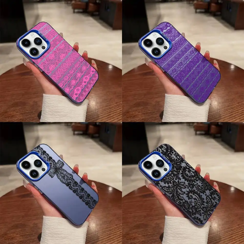 

Чехол для телефона iPhone 16,15,14,13,12,11,Mini,Pro,E,SE4,XS,MAX Fashion Фиолетовый Розовый Черный Кружевной Принт Синий IMD Box