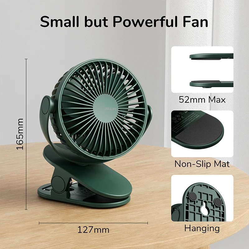 JISULIFE-miniventilador portátil para cochecito, ventilador con Clip, 4 velocidades, recargable, Ultra silencioso, funciona con batería, para el