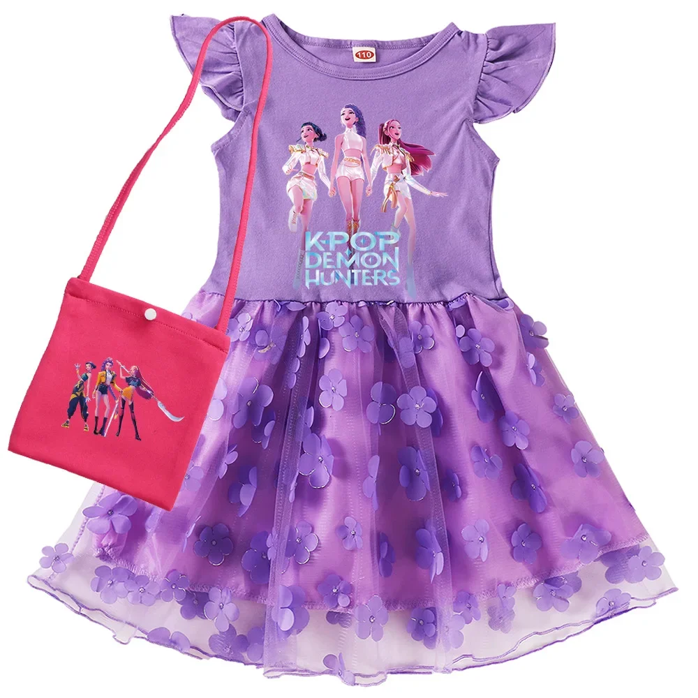 

K-Pop Kids Demon Hunters Clothes Long Slevess Dresses Cotton Rainbow Full Dress Teen Fashion Girl's Clothing Party Clothes 3-12Y