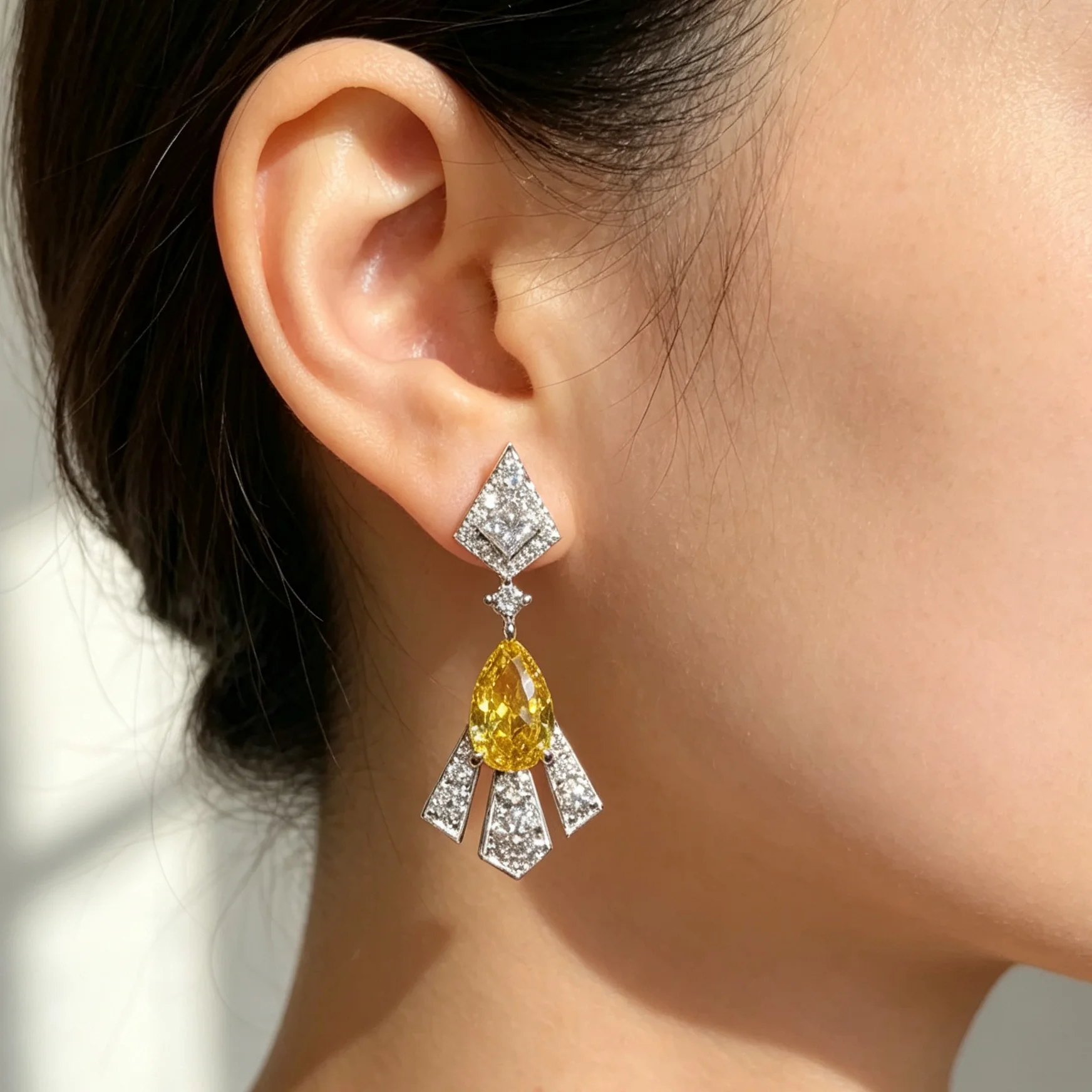 Vintage Art Deco Drop Dangle Earrings For Women Pear Cut Yellow Cubic Zirconia Silver‑Tone Pave White CZ Long Tassel Earrings