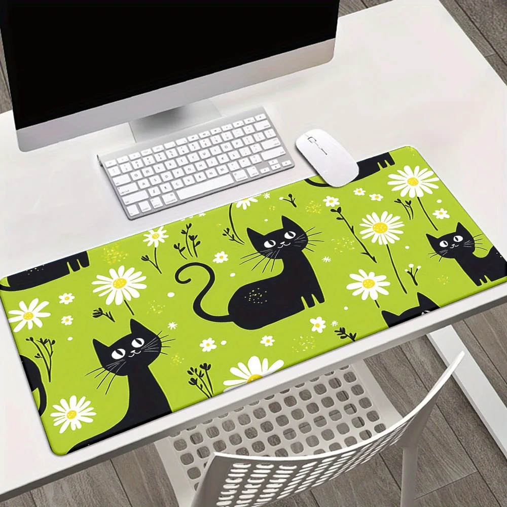 قطعة واحدة من لوحة ماوس XXL، مادة مطاطية غير قابلة للانزلاق، قطة كرتونية سوداء، زهرة خضراء، مطبوعة عالية الدقة، متعددة الوظائف، مع لوحة مفاتيح Gami