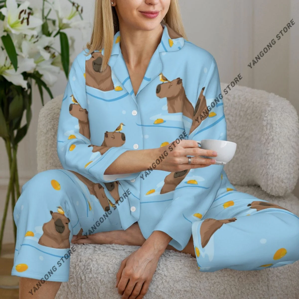 

Spring Autumn Long Sleeve Pants Pajamas Loungewear Set Cute Capybara Oranges Sea Swimming Women's Pull Edge Loose Sleeping Suit