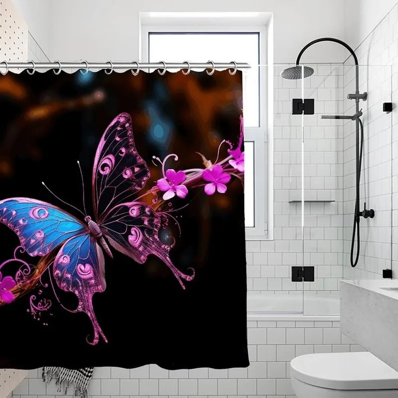 Black Bottom Pink Blue Gradient Butterfly Purple Flower Shower Curtain No Drilling Waterproof Bathroom Curtain with 12