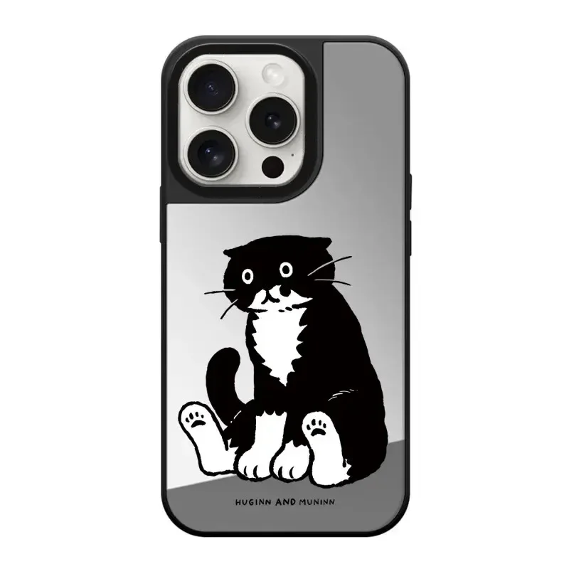 Cartoon Black Cat Strawberry Mirror Magnetic Phone Case Cover for IPhone 11 12 13 14 15 Pro Max Case