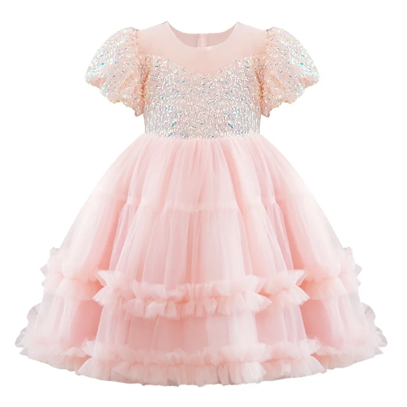 ELBCOS 4-16T Kid Girls Princess Sequin Solid Color Short Puff Sleeve Straight Skirt Costume Evening Full Dress