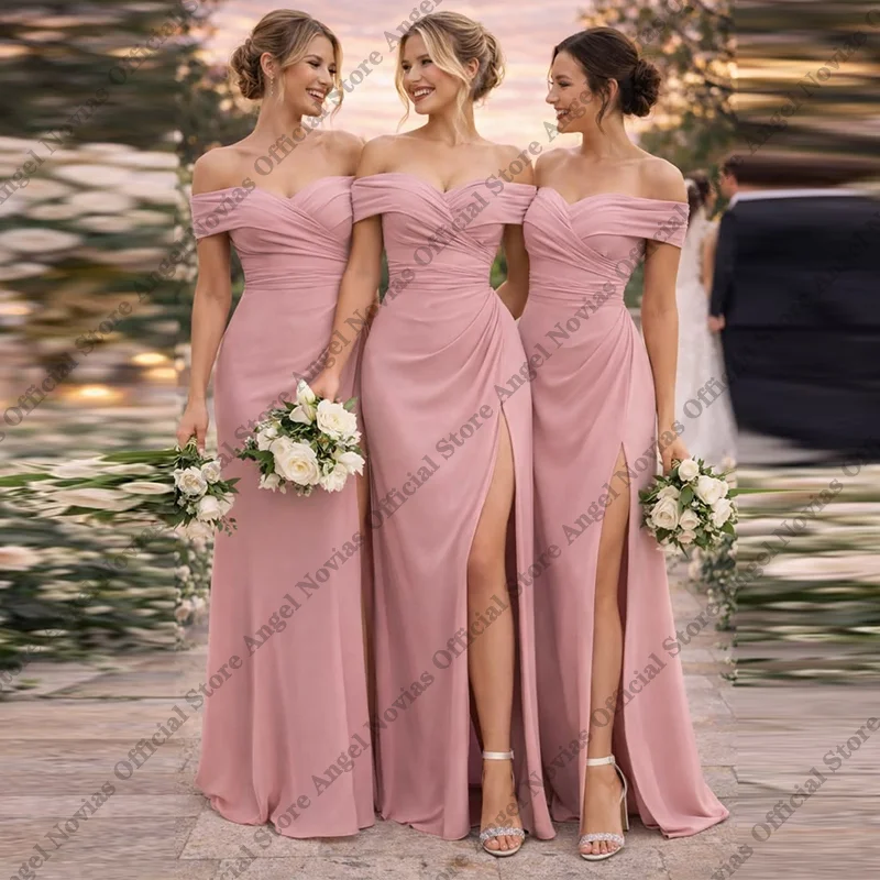 Off Shoulder Pink Bridesmaid Dresses 2026 with Split Formal Wedding Guest Party Dresses vestidos de fiesta elegantes