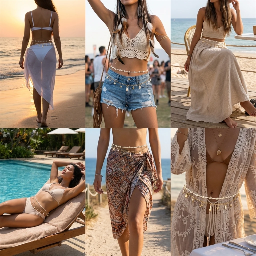 Mehrschichtige Boho Harz-Seestern-Bauchkette für Damen mit Kunstperlen und Muscheln – Taillenschmuck für Sommer, Strandurlaub und Resort – Detail 2