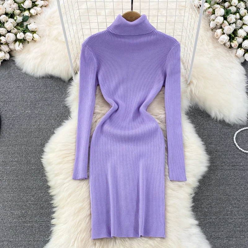 

Elegant Turtleneck Long Sleeve Knit Bodycon Pencil Dress Slim Basic Fashion Sweater Vestido Sexy Women Autumn Winter Clothing