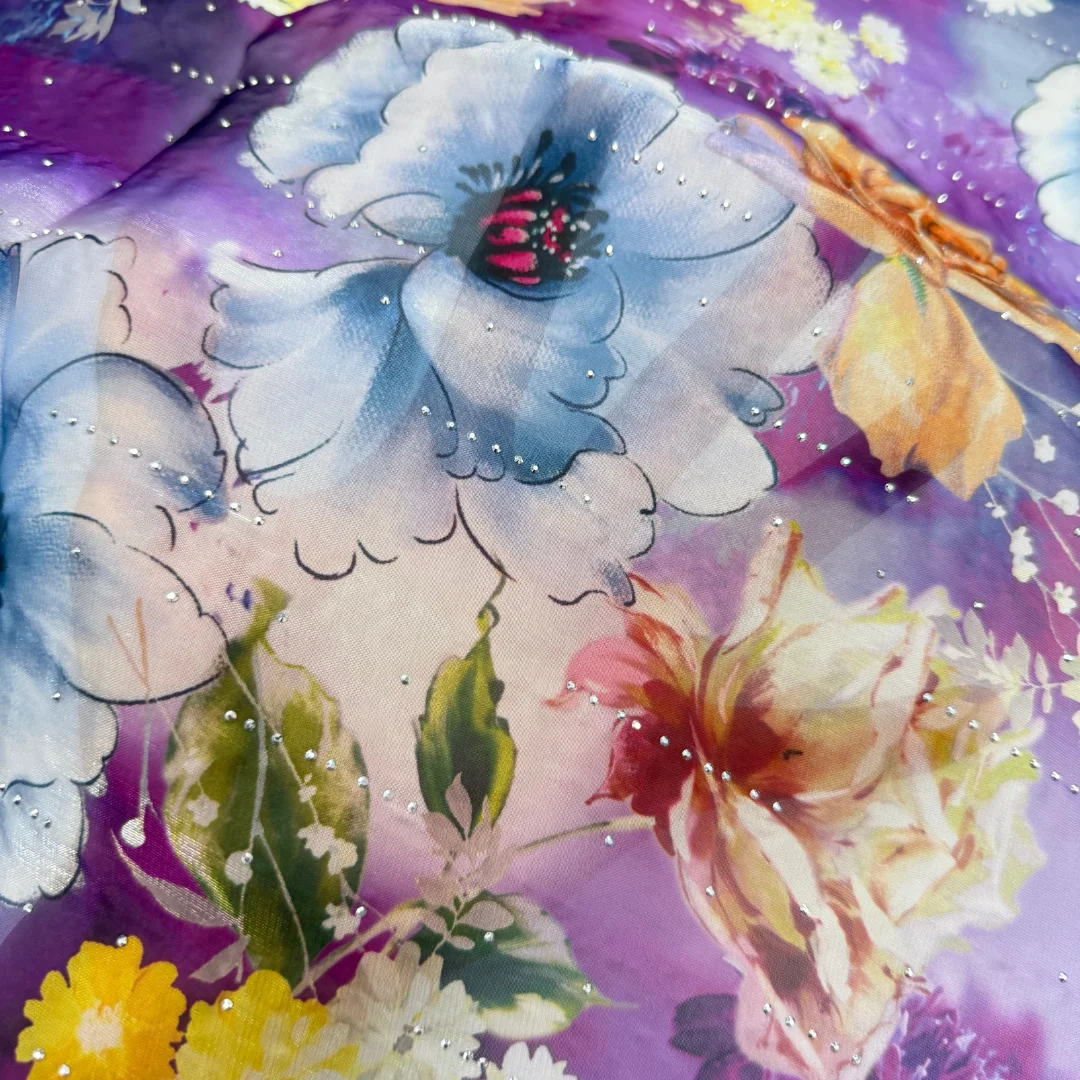 Floral Print Organza Fabric Hotfix Rhinestone Lightweight Sheer Dress Material for Wedding Party Decoration Sewing 5 Yards