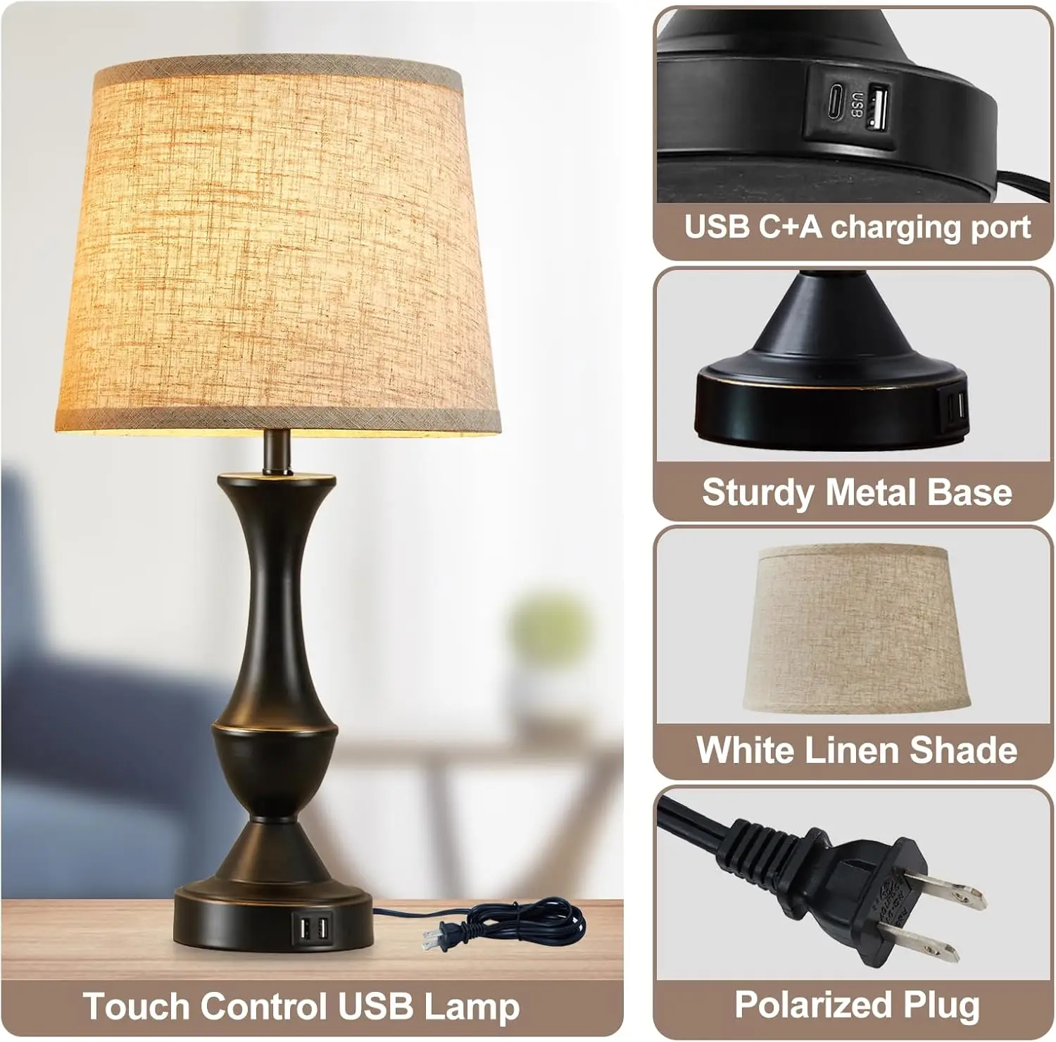 Conjunto de 2 Luminárias de Mesa com Controle de Toque, 22 Polegadas de Altura com Portas USB C+A para Quarto, Sala de Estar, Escritório