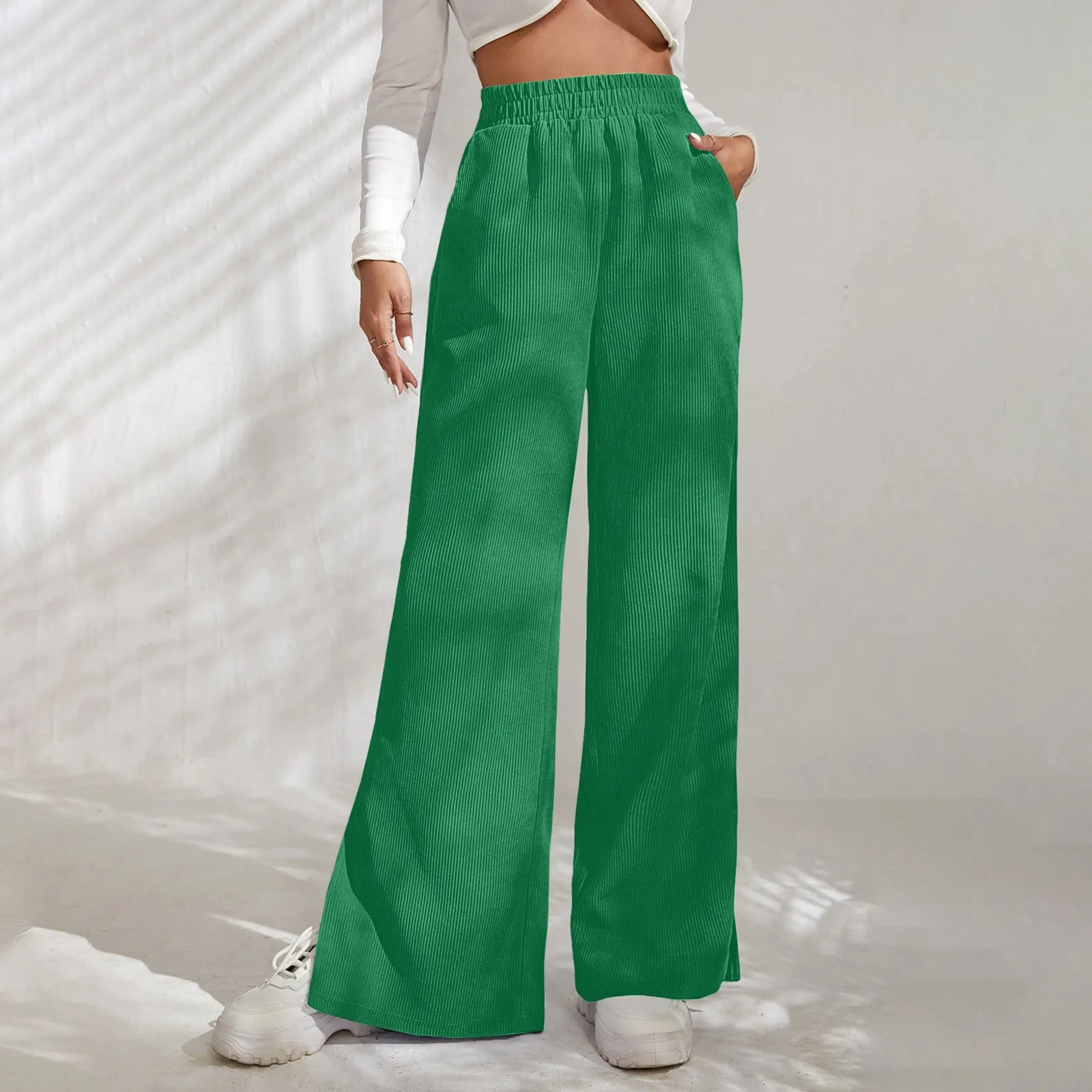 

Women'S Summer Chiffon Wide Leg Pants Casual Candy Color Loose Long Pants Lady Chic Solid Color High Waist Wide Leg Trousers