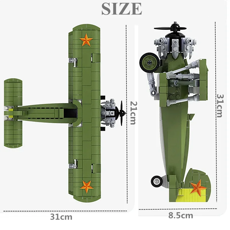 WW2 Military Fighter Building Blocks 1920 Retro Spiral Airplane Air Force I-6 Biplane Model Aircraft Bricks Toys Gifts for Kids