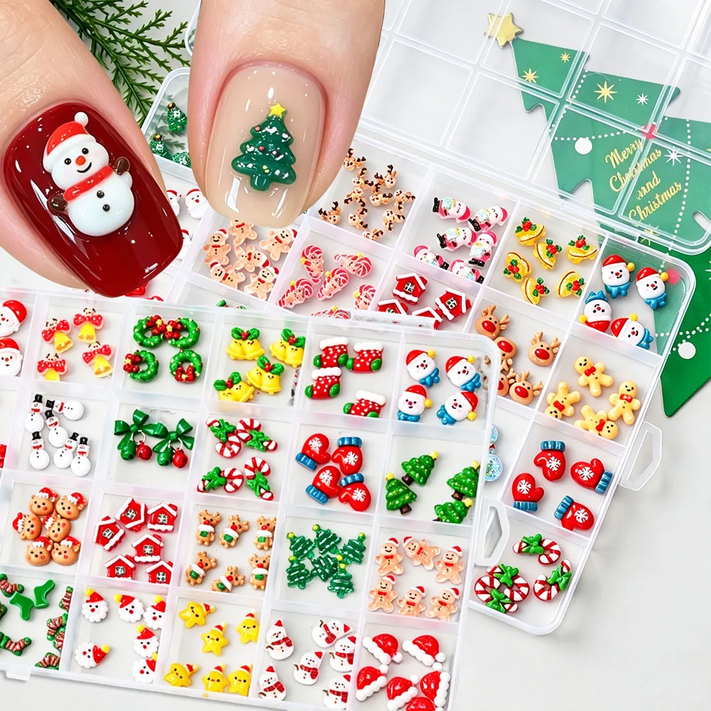 1Box Mixed 3D Christmas Nail Charms Mini Cartoon Snowman/Gingerbread/Xmas Tree/Candy Cane Resin Decor DIY Winter Nail Art Suppli