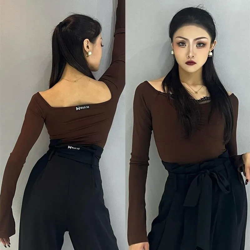 customized Latin dance bodysuit with black floral bud pants wide leg pants women's lace edge long sleeved top for two outfits