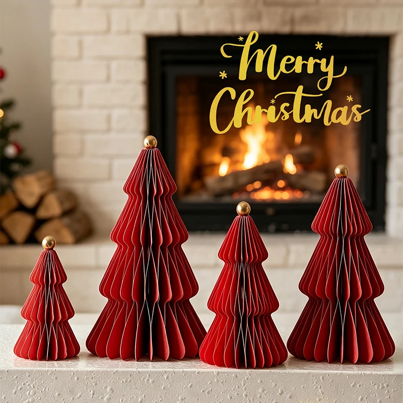 4 Stück 3D-Wabenpapier-Weihnachtsbaum-Dekorationen, faltbare Weihnachtsbaum-Ornamente, DIY-Tischdekoration, Heim- und Feiertagsparty-Dekoration – Detail 1