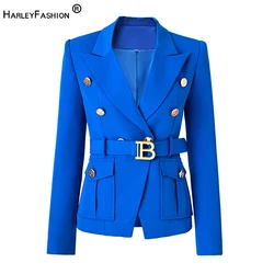 Alta Qualtiy Clássico Mulheres Azul Royal Belt Slim Jacket Workwear Jaqueta Moda Design Formal