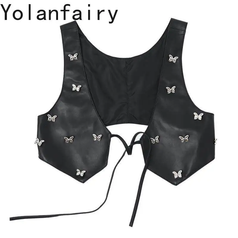YOLANFAIRY Genuine Sheepskin Leather Vest Women Fashion Butterfly Pattern Slim Sleeveless Jacket Short Real Leather Waistcoat