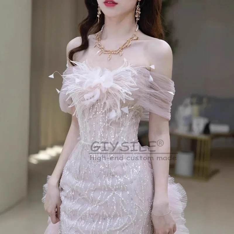

GIYSILE Customized One-shoulder Fashion Evening Dresses Sequined Gauze 2025 New Summer Pink High-grade Luxury Fishtail Skirt
