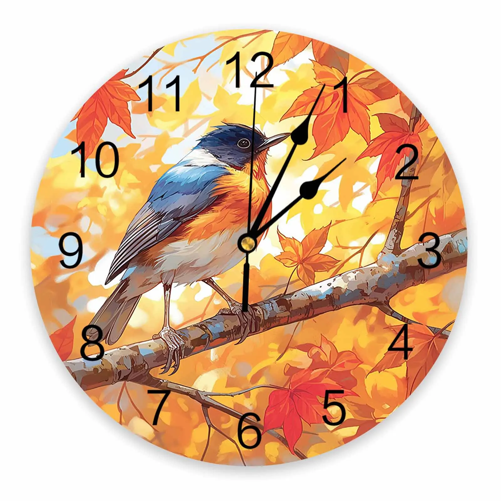 Autumn Maple Leaf Bird Blue Sky Season Printed Wall Clock Modern Silent Clock Living Room Home Decor Wall Hanging Watch