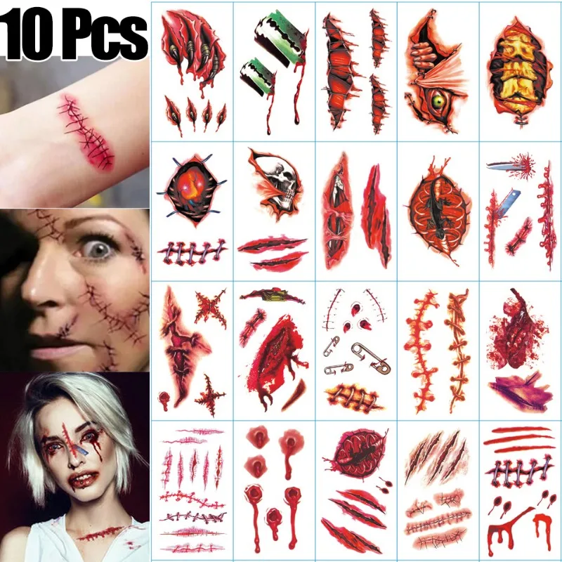 Halloween Temporary Tattoo Sticker Waterproof 3D Bite Mark Zombie Acars Wound Tattoo Sticker Halloween Party Cosplay Makeup Prop