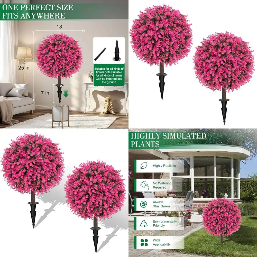 22 Artificial Pink Boxwood Topiary Ball Tree with Outdoor Ground Spike, UV-Resistant Greenery for Yard, Porch, or Patio (Pink/Re
