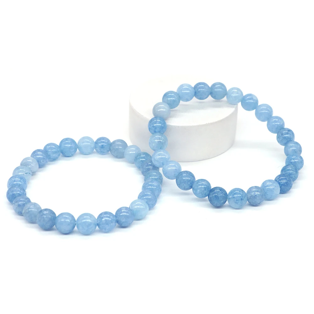 Natural Stones Quartz Bead 4-10mm Aquamarines Round Beads Bracelet Charm Blue Gemstone Elastic Rope Bangle Energy Jewelry Gift