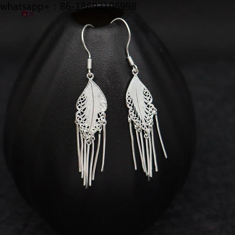 999 Sterling Silver Plum Blossom Fringed Earrings Handmade Silk Foot Silver Earrings Genuine Silver Jewelry