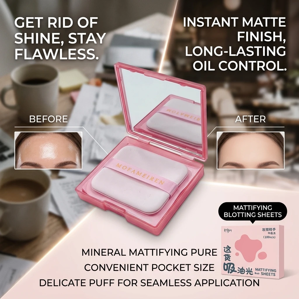100pcs Facial Oil Blotting Paper With Mirror And Powder Protable Natural Bamboo Charcoal Oil Absorbing Paper Freshness Skin Care