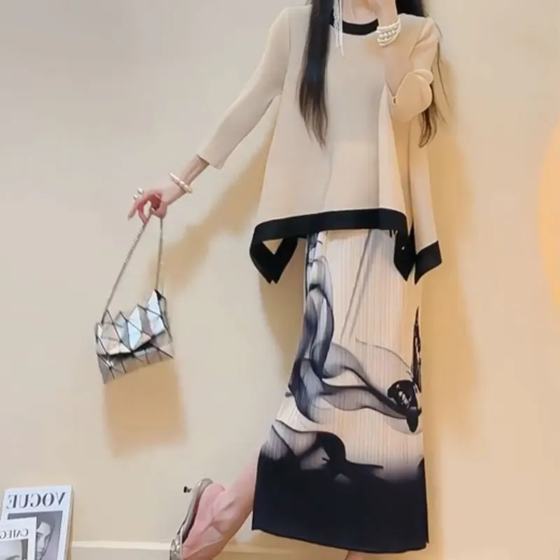 تي شيرتات هاراجوكو بأكمام ثلاثة أرباع للنساء ، أطقم ملابس نسائية بقصة ضيقة ، جميع التنورات المطابقة ، فضفاضة مطبوعة ، عصرية غير رسمية ، أنيقة ،