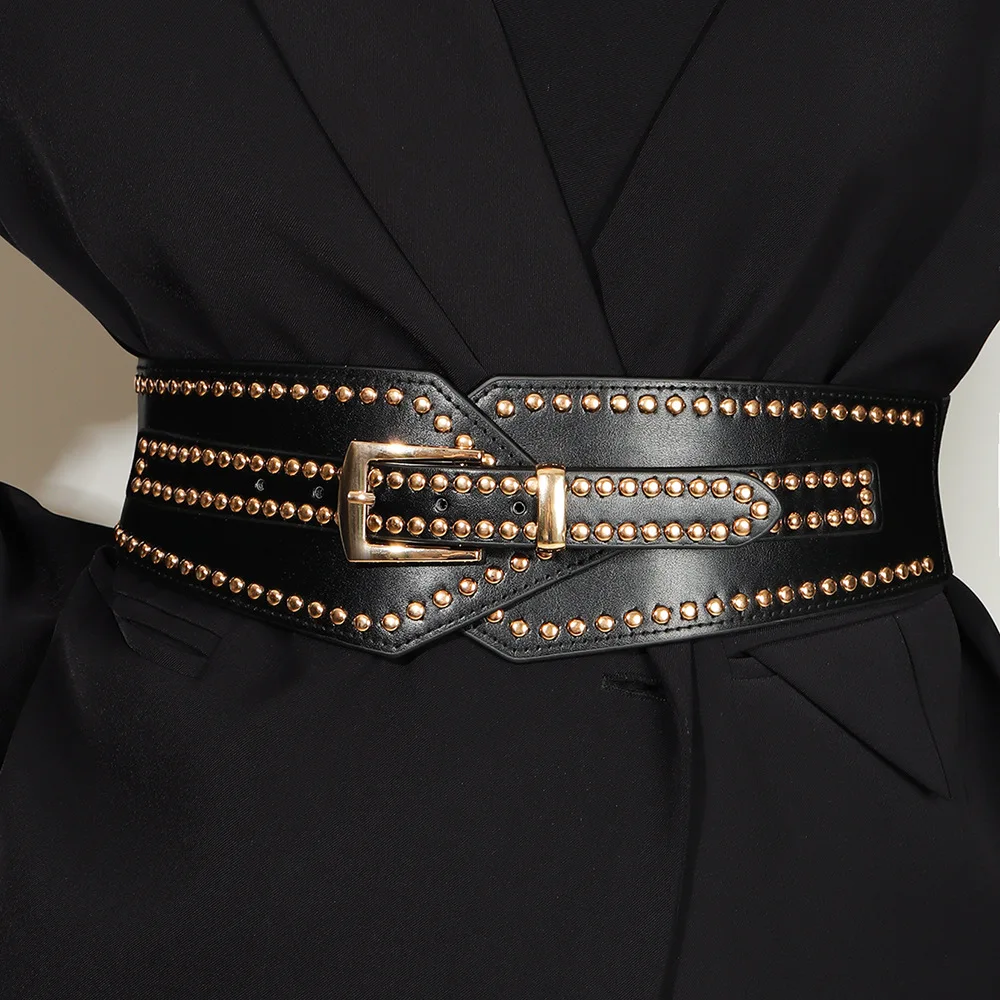 

Высококачественный женский корсет-пояс с эластичными заклепками, широкий пояс для платья, пальто, костюма, рубашки, декоративный ремень для женщин, люксовый дизайнерский бренд, 2026 год