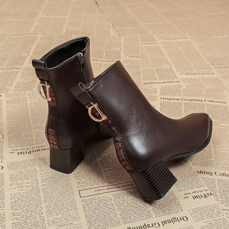 Combat Ankle Boots for Women Fur Elegant with Medium Heels Woman Short Shoes Punk Style Brown Booties Autumn High Quality Boot image 2