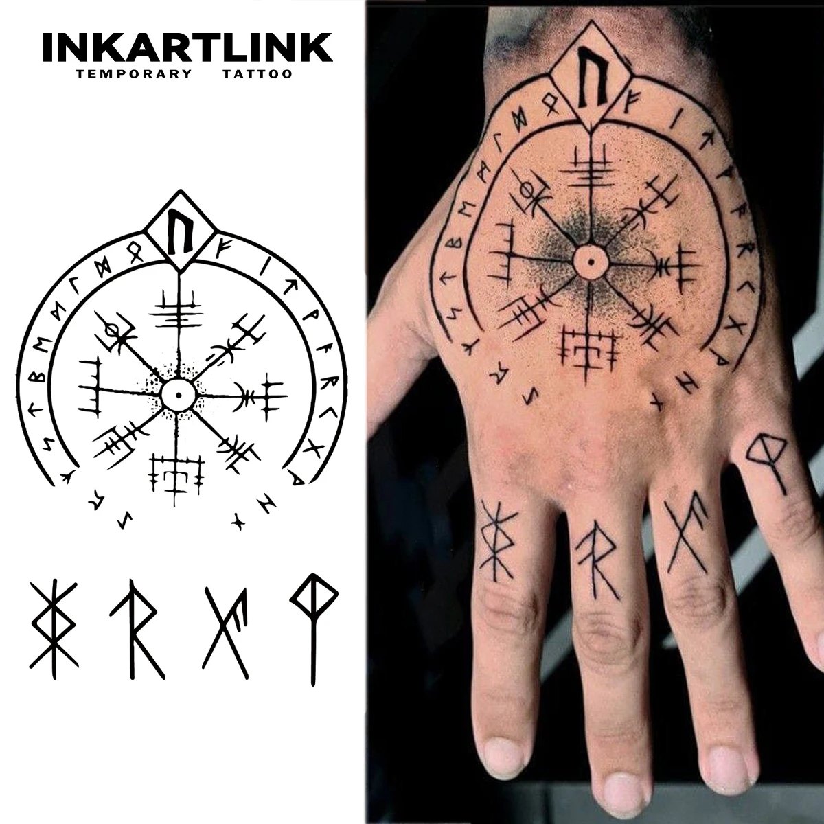 Inkartlink Temporary Tattoo, showcases Norse - Viking inspired runes and a circular symbolic compass - like design with intricat