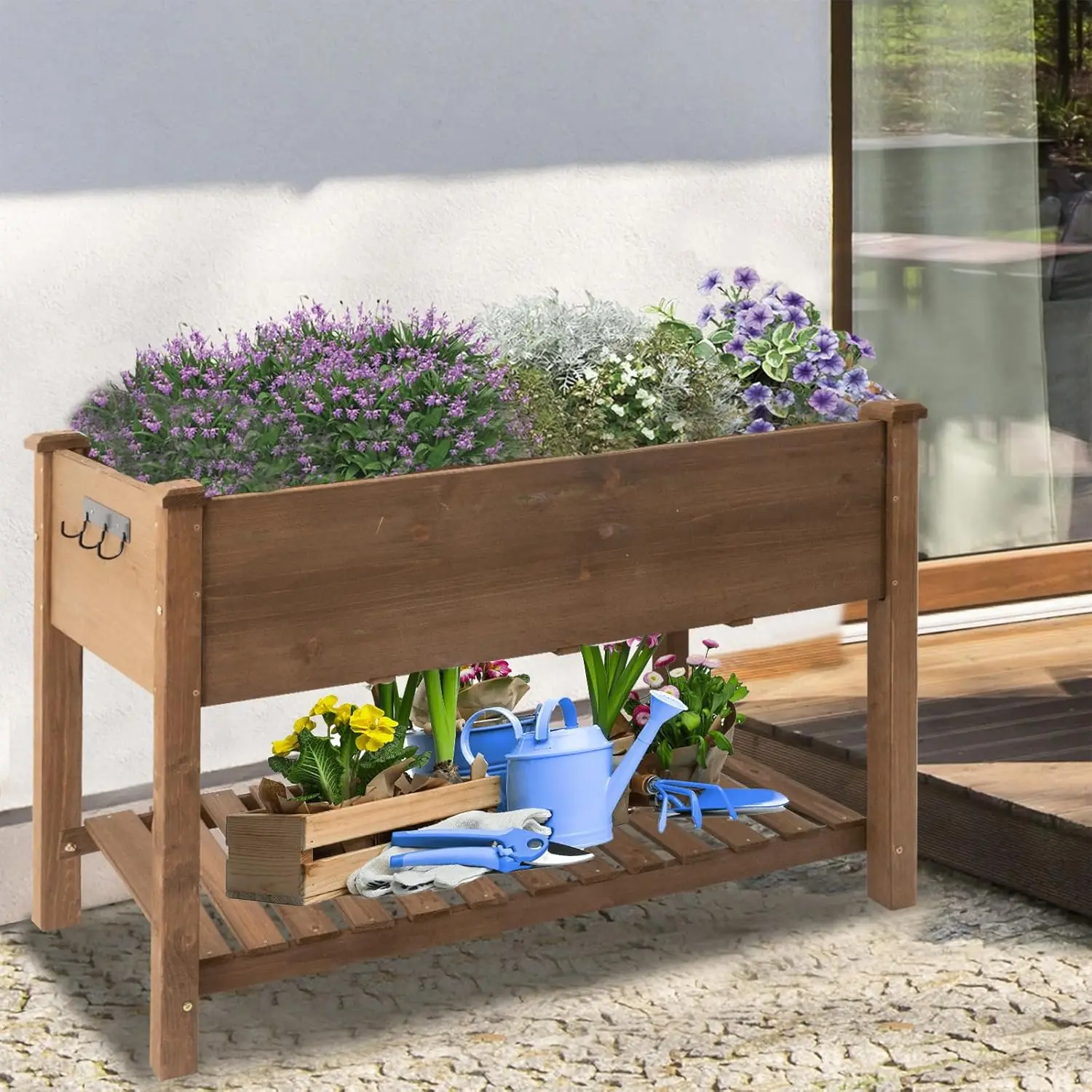 

Petscosset Raised Garden Bed Wood Elevated Planter Box Outdoor w/ Wheels, Storage Shelf for Planting