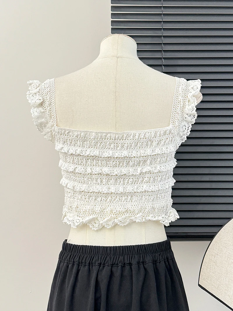 Lace Trim Crochet Top Women\'s Tank and Cami Square Neck Button Front Sheer Openwork Crop Cardigan Vest Summer Y2K 90s Outfit